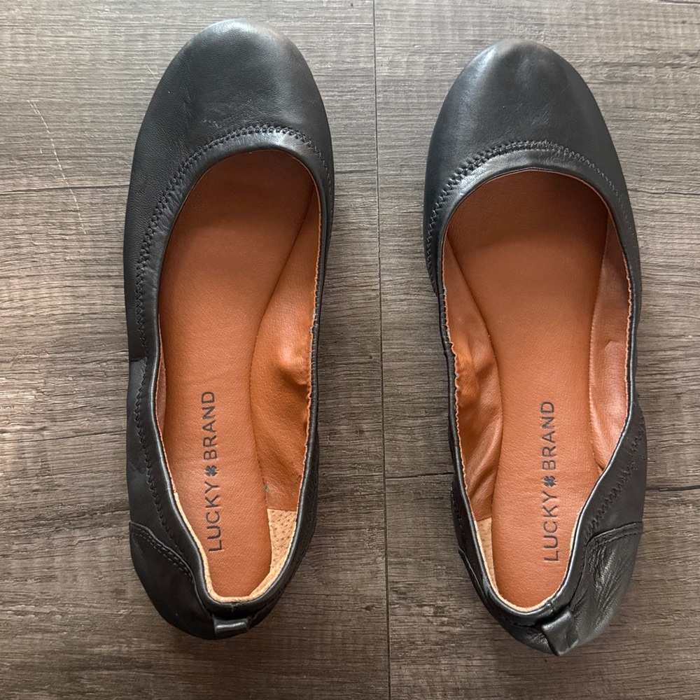 Lucky Brand Emmie Black Leather Ballet Flats Size 8.5 Comfort Elastic Topline